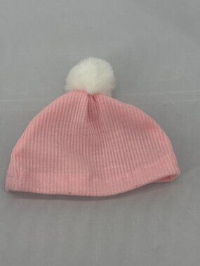 Our Generation Ribbed Knit Pink Baby Beanie Hat White Furry Pom Pom